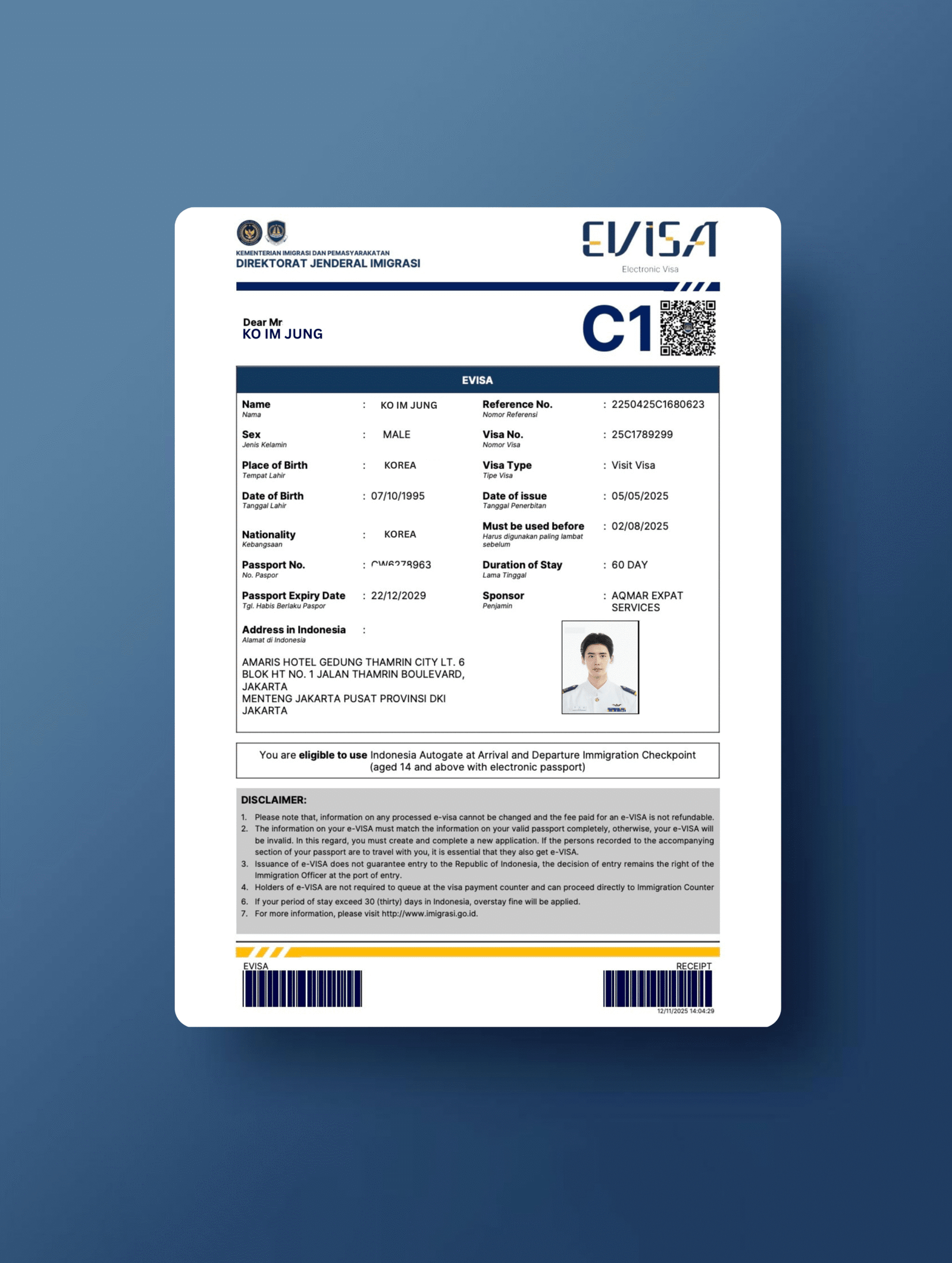 C1 INDONESIAN TOURIST VISA